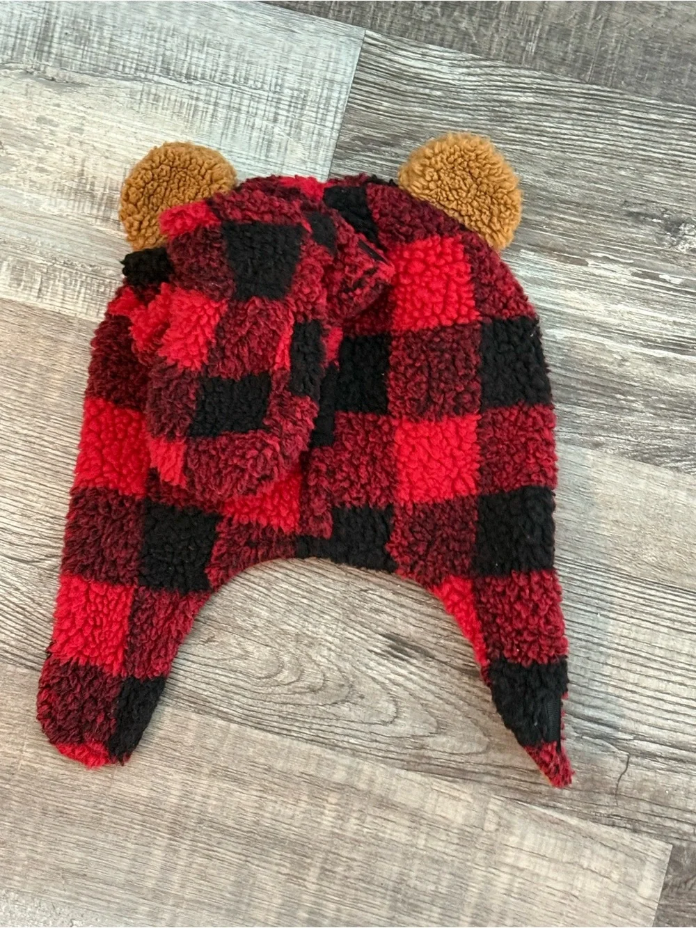 wonder nation Red and Black Buffalo Plaid Sherpa Bear Ear Hat